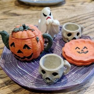 Resin Halloween Pumpkin Teapot Set